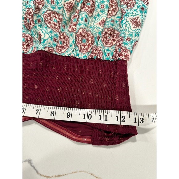 Roxy Womens Strapless Maxi‎ Dress Burgundy Teal Medallion Smocked Top XS - Picture 5 of 6